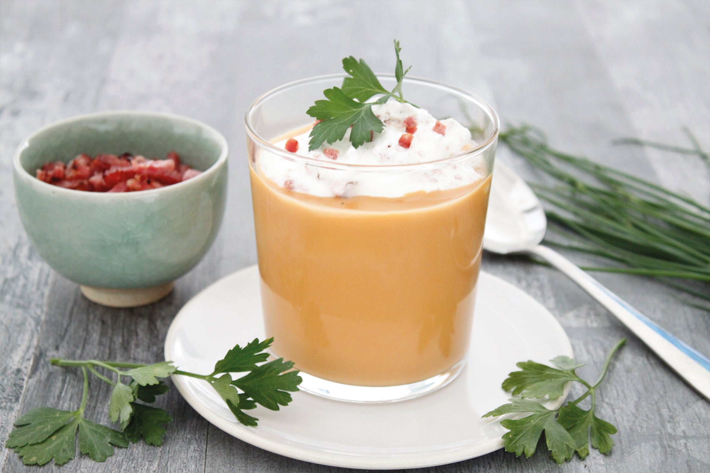 Recette Velouté Carottes Potiron, chantilly, bacon et herbes