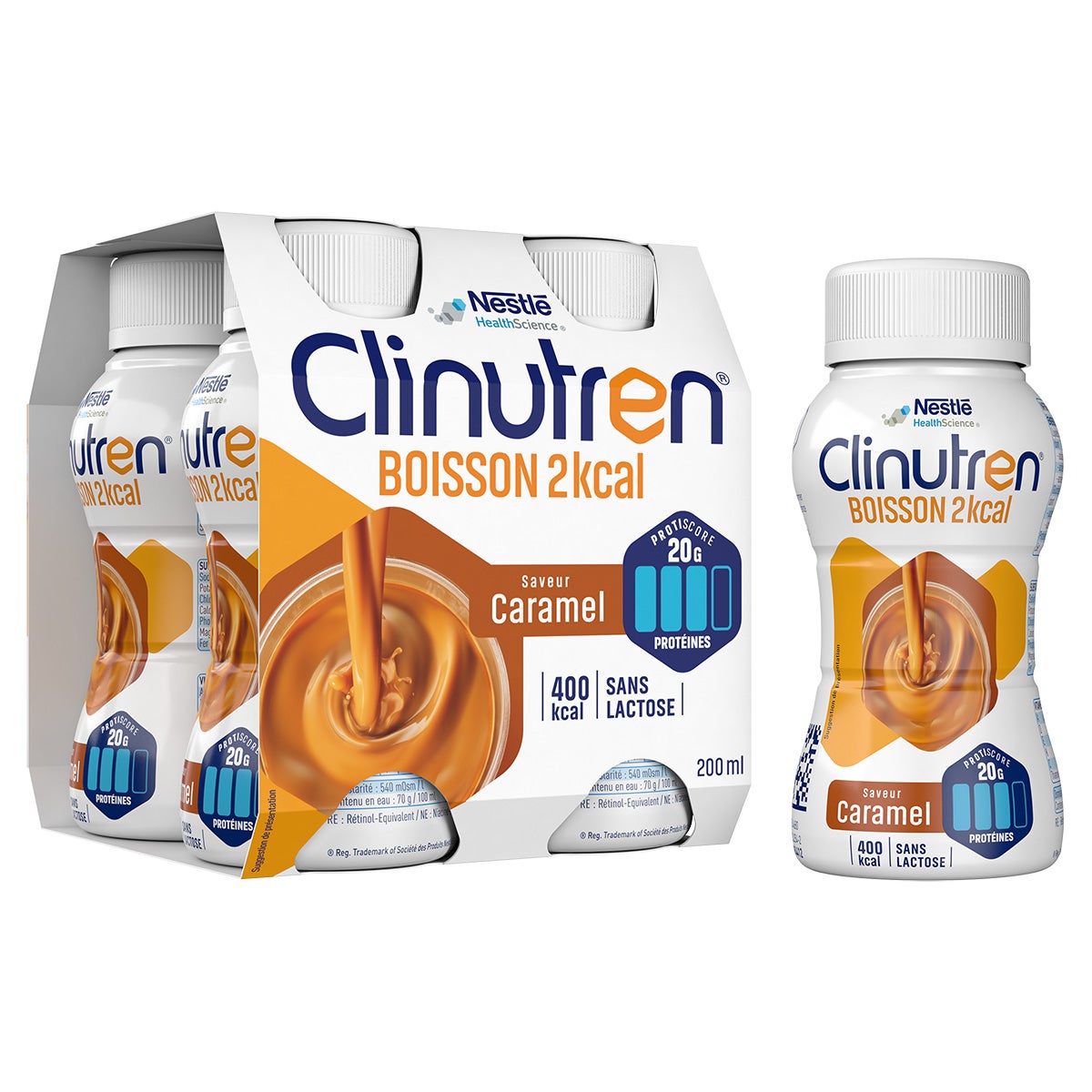 Pack et bouteille de Clinutren Boisson 2kcal goût caramel