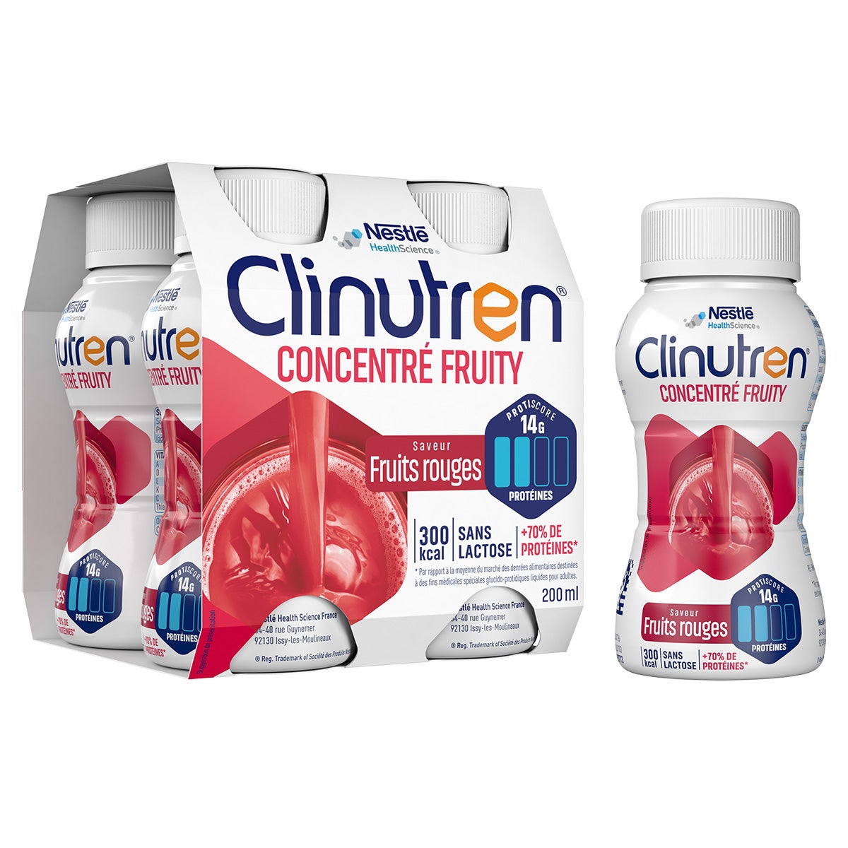 Pack et bouteille de Clinutren Concentré Fruity goût fruits rouges