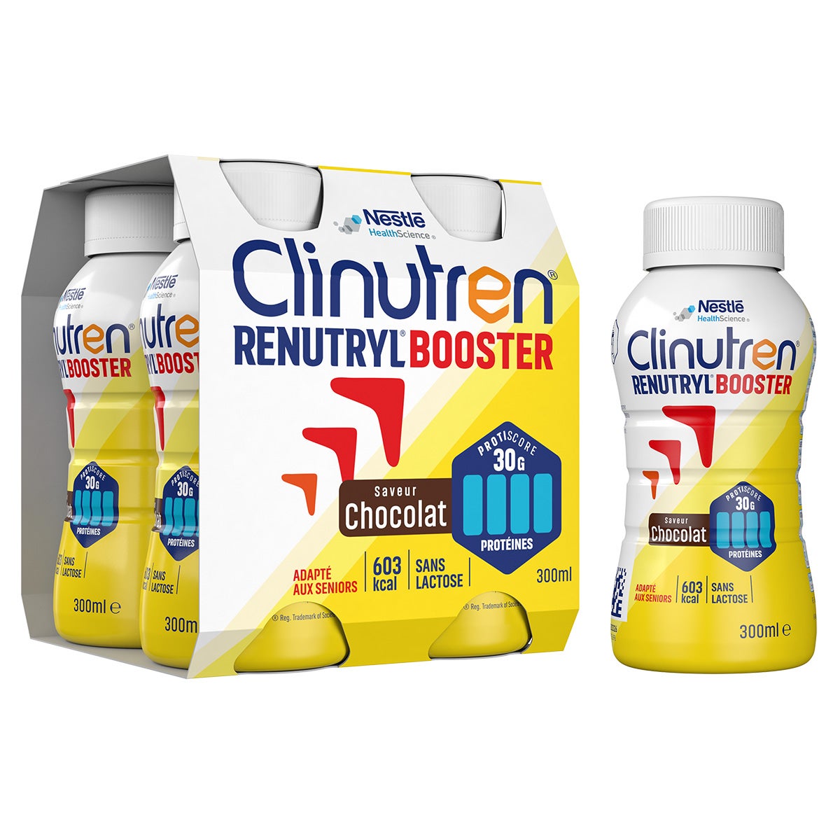 Pack et bouteille de Clinutren Renutryl Booster goût chocolat